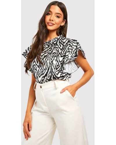 Boohoo Satin Zebra Print Flared Sleeve Blouse - White