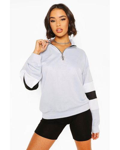 Boohoo Colour Block Sleeve Zip Neck Crop Sweatshirt - White