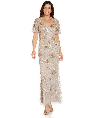 Adrianna Papell Beaded Flutter Sleeve Gown - Natural