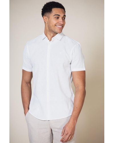 Nines Linen Blend Short Sleeve Button-up Shirt - White