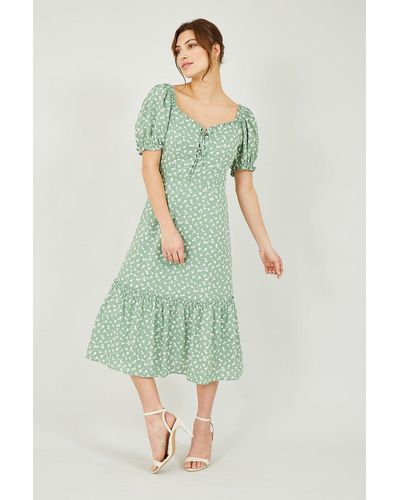 Yumi' Green Ditsy Print Gypsy Midi Dress