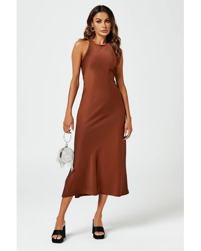 FS Collection Slim-fit Satin Midi Dress In Brown