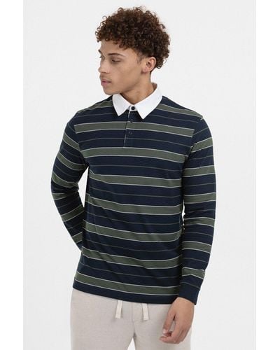 Larsson & Co Navy, Sage & White Striped Long Sleeve Rugby Polo Shirt - Blue