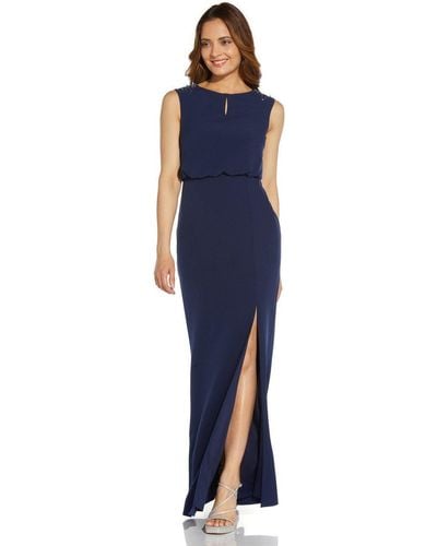 Adrianna Papell Beaded Crepe Blouson Gown - Blue