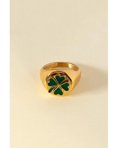 MUCHV Gold Big Signet Ring With Emerald Green Clover - Natural