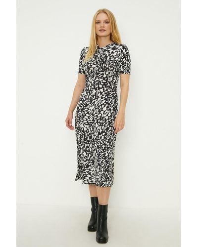 Oasis Mono Print Ruched Front Midi Dress - Blue