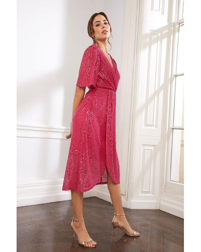 Wallis Sequin Twist Wrap Midi Dress - Pink