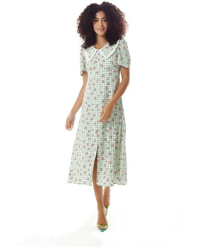 Liquorish Gingham And Floral Midi Dress In Green And White With Trim Lace Collar