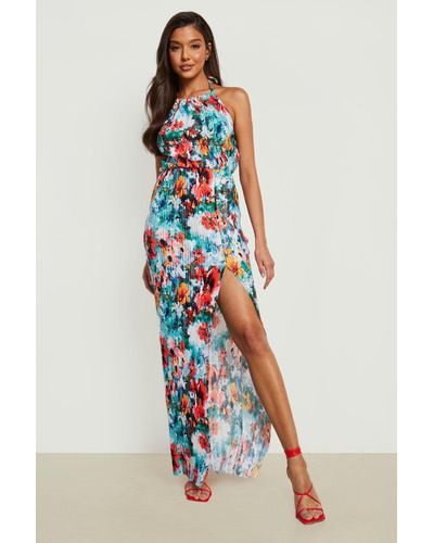 Boohoo Printed Plisse Thigh Split Maxi Dress - Blue