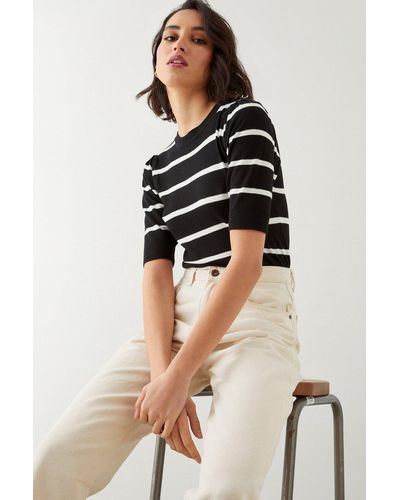Dorothy Perkins Tall Stripe Button Shoulder Half Sleeve Knitted Top - Natural