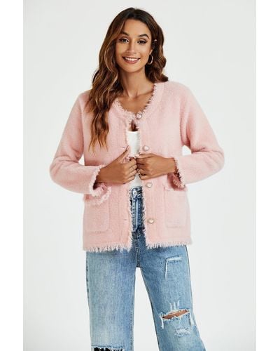 FS Collection Frayed Edges Boucle Jacket In Pink - Blue