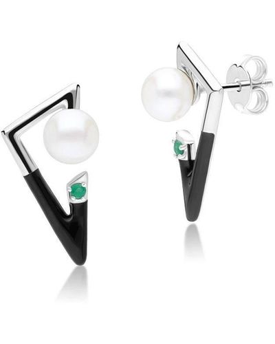 Gemondo White Pearl & Emerald With Enamel Sterling Silver Art Deco Style Retro Stud Earrings One Size - Black