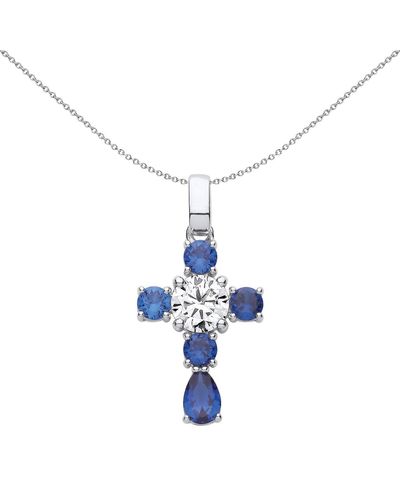 Jewelco London Silver Sapphire-blue Cz & Fancy Cross Necklace - Gvx064