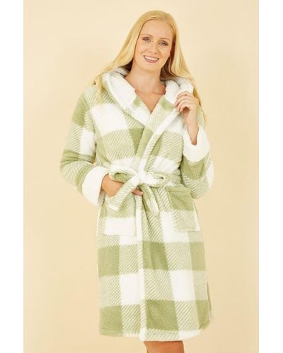 Yumi' Green Check Super Soft Dressing Gown - Yellow