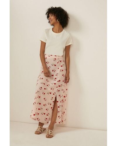 Oasis Rose Print Split Skirt - Natural