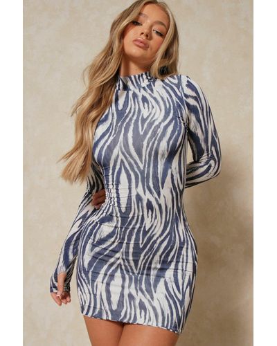 MissPap Zebra Print Double Layer High Neck Dress - Blue