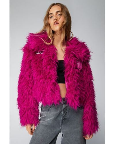 Nasty Gal Premium Buckle Detail Faux Fur Coat - Pink