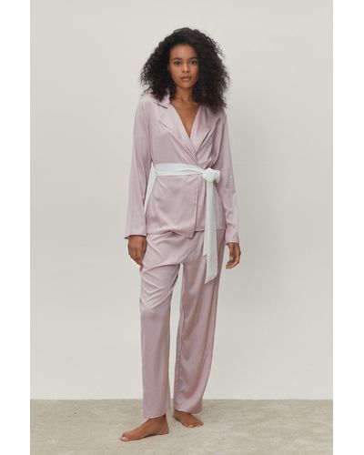 Nasty Gal Petite Satin Contrast Belt Pyjama Trouser Set - Pink