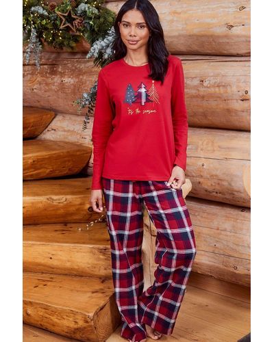 Threadbare 'season' Cotton Check Long Sleeve Christmas Pyjama Set - Red