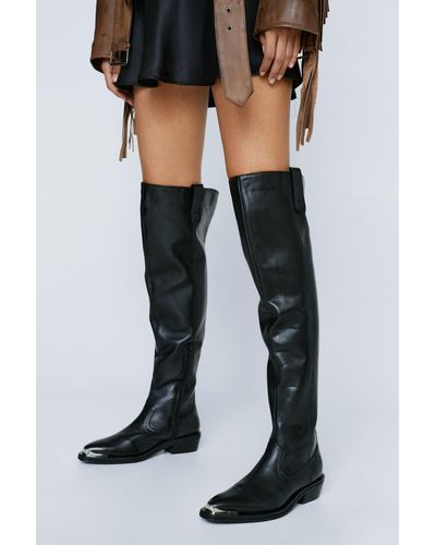 Nasty Gal Real Leather Thigh High Metal Western Boots - Black
