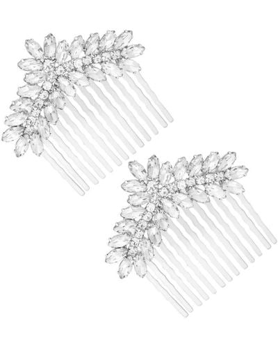 Mood Silver Crystal Navette Floral Hair Combs - Pack Of 2 - White
