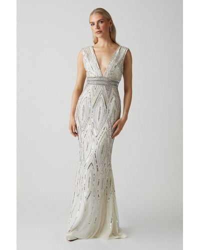 Coast Art Deco Plunge Beaded Wedding Dress - White