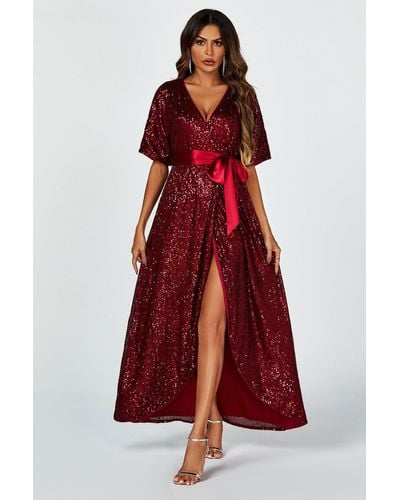 FS Collection Wrap Style Sequin Maxi Dress In Wine - Red