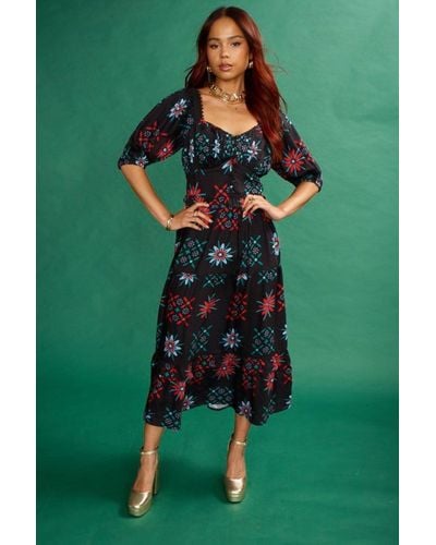 ANOTHER SUNDAY Milkmaid Midi Dress With Lace Trim Detail In Black Geo Print - Green
