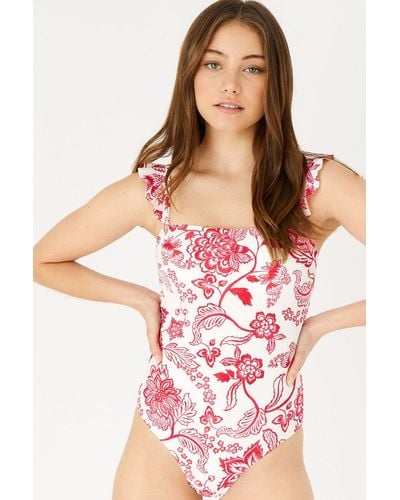 Accessorize Floral Frill Shoulder Swimsuit - Pink