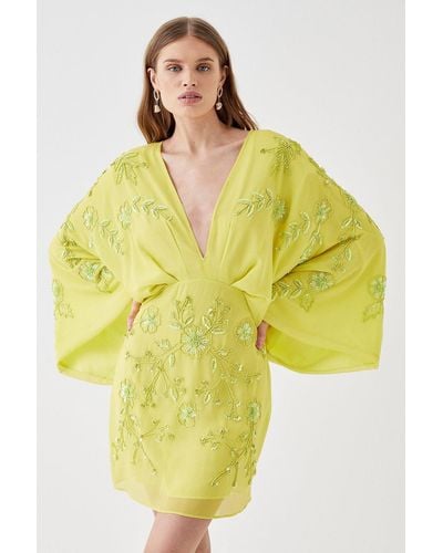 Coast All Over Beaded V Neck Kimono Mini Dress - Yellow