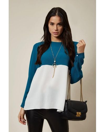 Hoxton Gal Long Sleeve Relaxed Fit Block Top With Necklace - Blue