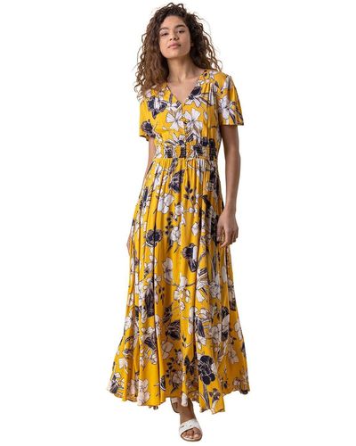 Roman Floral Print Shirred Waist Maxi Dress - Metallic