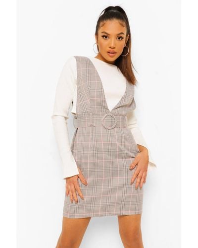 Boohoo Petite Check Belted Pinafore Dress - White