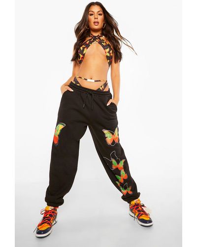 Boohoo Butterfly Print Oversized Joggers - Black