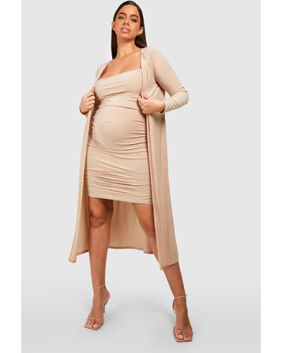 Boohoo Maternity Strappy Cowl Neck Mini Dress And Duster Coat - Natural