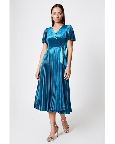 Coast Pleated Velvet Wrap Dress - Blue