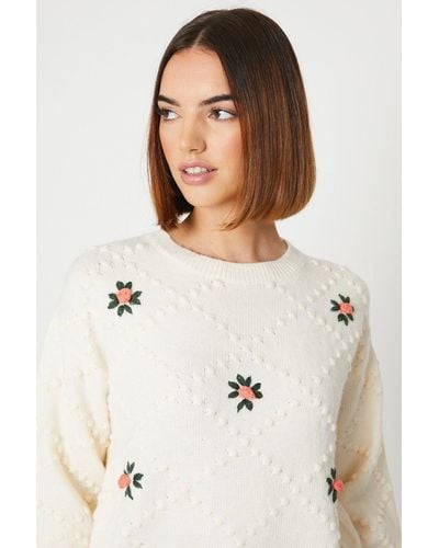 Oasis Floral Embroidered And Bobble Jumper - White
