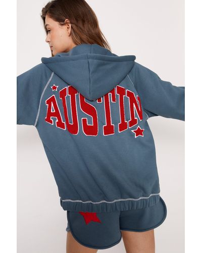 Nasty Gal Austin Embroidery Zip Up Hoodie - Blue