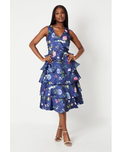 Coast Glossy Printed Wrap Bodice Tiered Skirt Midi Dress - Blue