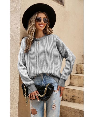 FS Collection Chic Geometric Intarsia Knit Jumper Top In Grey