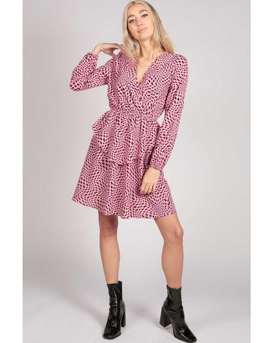 Tenki Full Sleeve Patterned Layer Wrap Dress - Pink