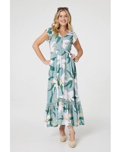 Izabel London Lilly Print Lace Trim Maxi Dress - Blue