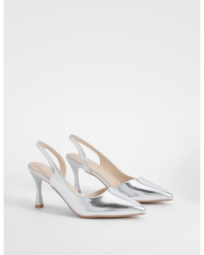Boohoo Metallic Asymmetric Slingback Court Heels - White