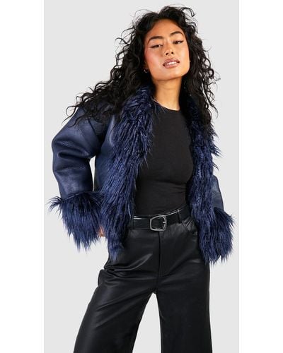 Boohoo Faux Fur Trim Leather Jacket - Blue