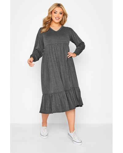 Yours Long Sleeve Tiered Dress - Grey