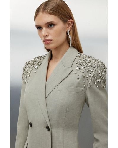 Karen Millen Tailored Wool Blend Embellished Open Back Detail Midi Blazer Dress - Grey
