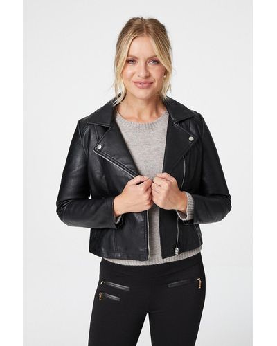 Izabel London Zip Front Faux Leather Biker Jacket - Black