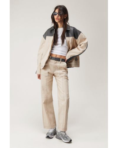 Nasty Gal Twill & Faux Leather Colour Block Straight Leg Trousers - Natural