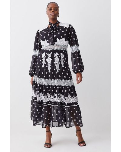 Karen Millen Plus Size Polka Dot Mix Lace & Embroidery Maxi Dress - White