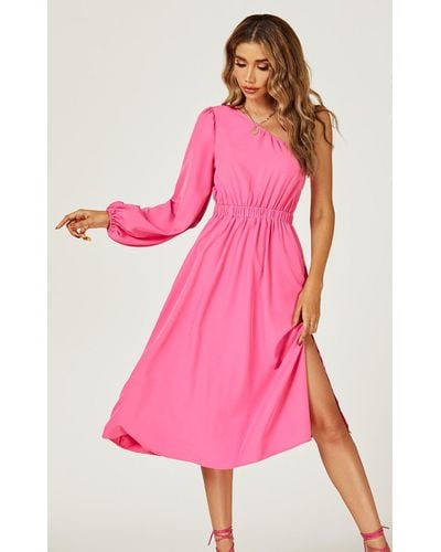 FS Collection One Shoulder Split Leg Midi Dress In Pink